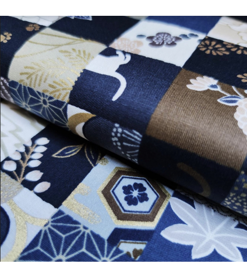 Japanese fabric. Cats Patchwork in winter colors.