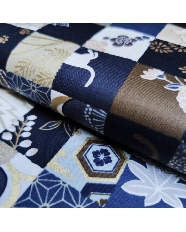 Japanese fabric. Cats Patchwork in winter colors.