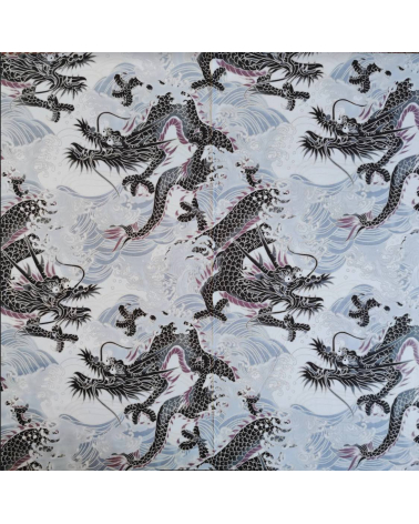 Tela dobby japonés "Dragones XL" en blanco.