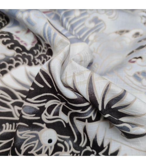 Tela dobby japonés "Dragones XL" en blanco.