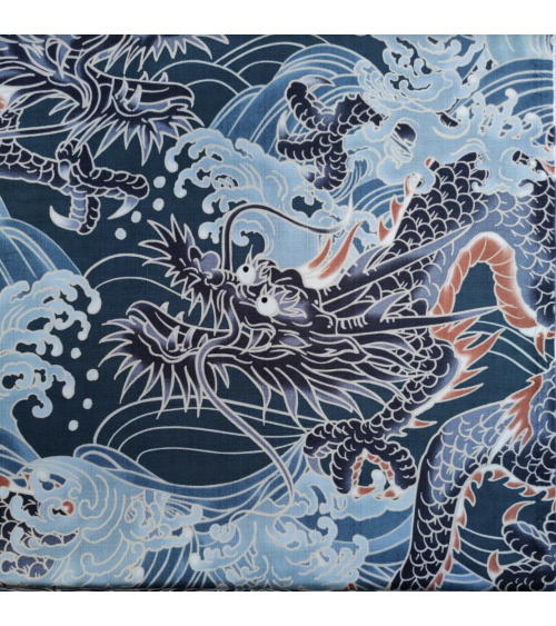 Tela dobby japonés "Dragones XL" en azul.