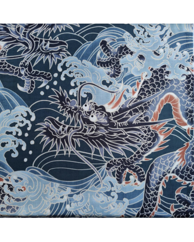 Tela dobby japonés "Dragones XL" en azul.