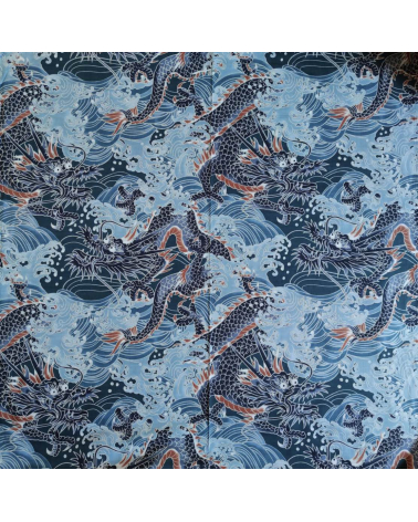Tela dobby japonés "Dragones XL" en azul.