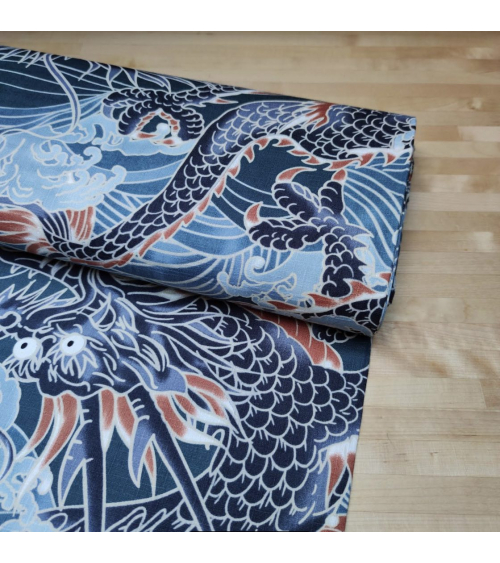 Tela dobby japonés "Dragones XL" en azul.