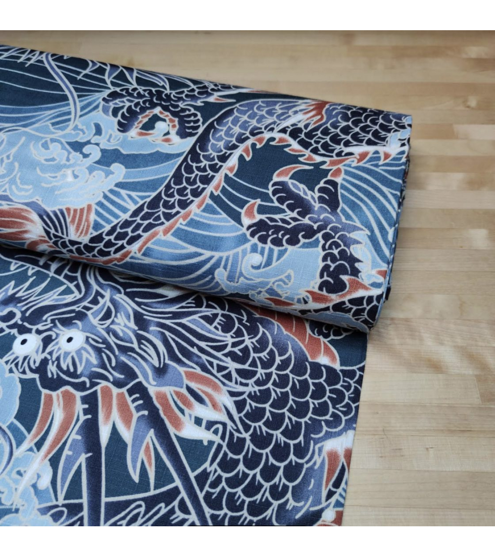 Tela dobby japonés "Dragones XL" en azul.