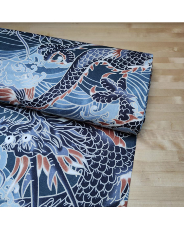 Tela dobby japonés "Dragones XL" en azul.