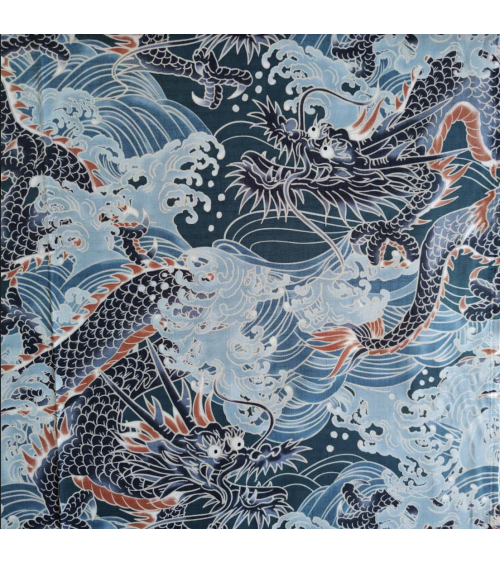 Tela dobby japonés "Dragones XL" en azul.