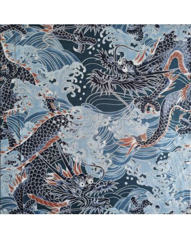 Tela dobby japonés "Dragones XL" en azul.
