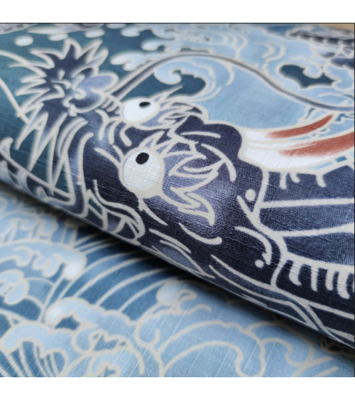 Tela dobby japonés "Dragones XL" en azul.
