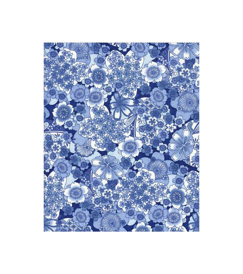 Papel Chiyogami flores en tonos azules.