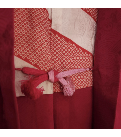 Haori vintage en fucsia. Seda rinzu con motivo shibori de bambú.