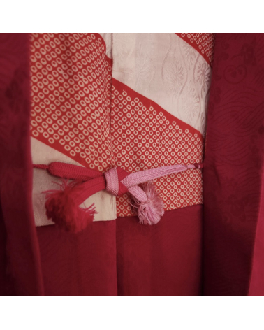 Haori vintage en fucsia. Seda rinzu con motivo shibori de bambú.
