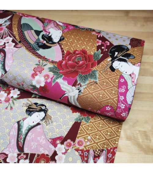 Japanese fabric Bijin (Beauties). Red background.