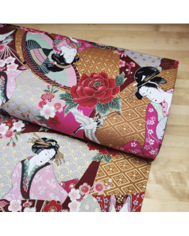 Japanese fabric Bijin (Beauties). Red background.