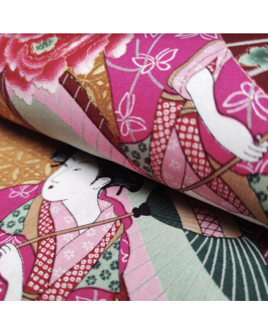 Japanese fabric Bijin (Beauties). Red background.