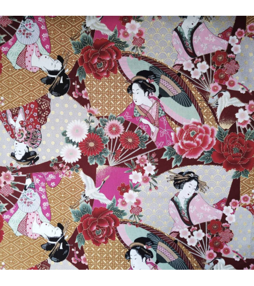 Tela japonesa Bijin (Bellezas) fondo en rojo