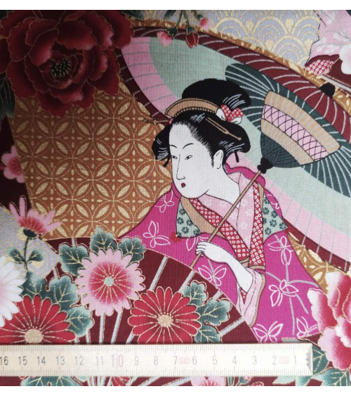 Tela japonesa Bijin (Bellezas) fondo en rojo