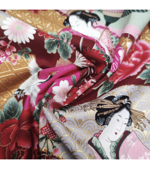 Japanese fabric Bijin (Beauties). Red background.