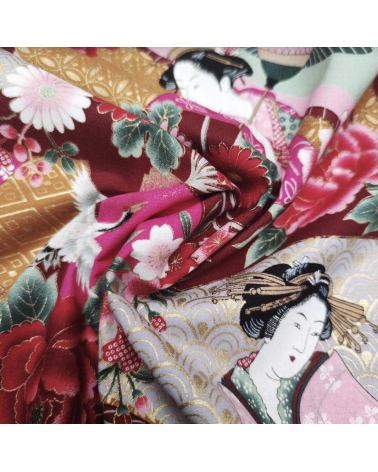 Japanese fabric Bijin (Beauties). Red background.