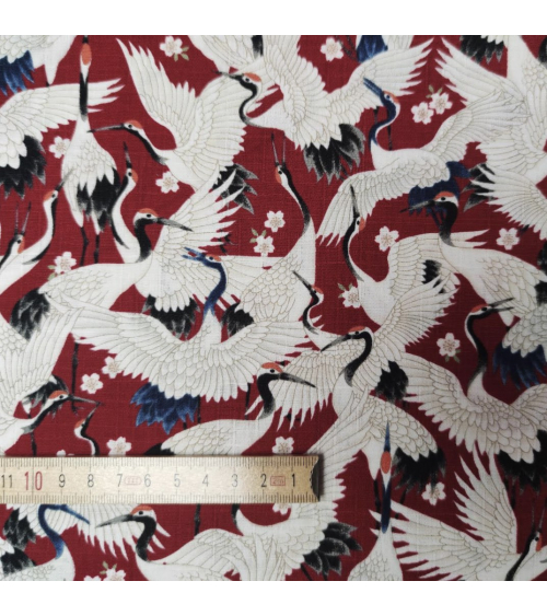 Japanese dobby "Tsuru (cranes) to sakura" in deep red.
