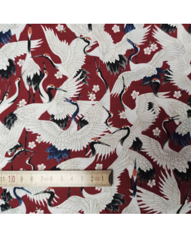 Japanese dobby "Tsuru (cranes) to sakura" in deep red.