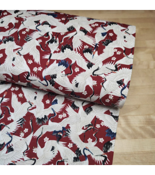 Japanese dobby "Tsuru (cranes) to sakura" in deep red.