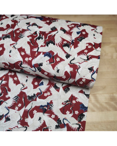Japanese dobby "Tsuru (cranes) to sakura" in deep red.