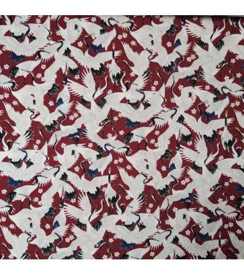 Japanese dobby "Tsuru (cranes) to sakura" in deep red.