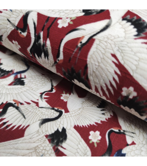 Japanese dobby "Tsuru (cranes) to sakura" in deep red.