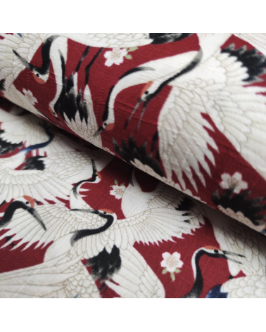 Japanese dobby "Tsuru (cranes) to sakura" in deep red.
