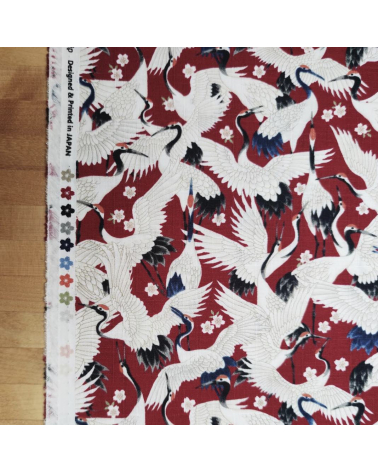 Tela dobby japonés "Tsuru to sakura" en rojo profundo.
