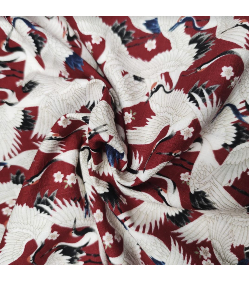 Japanese dobby "Tsuru (cranes) to sakura" in deep red.
