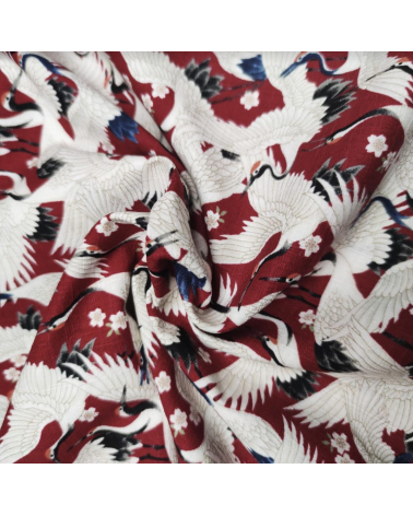 Japanese dobby "Tsuru (cranes) to sakura" in deep red.