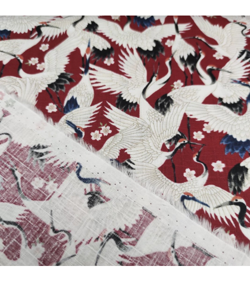 Japanese dobby "Tsuru (cranes) to sakura" in deep red.