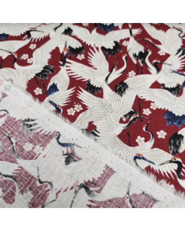 Japanese dobby "Tsuru (cranes) to sakura" in deep red.