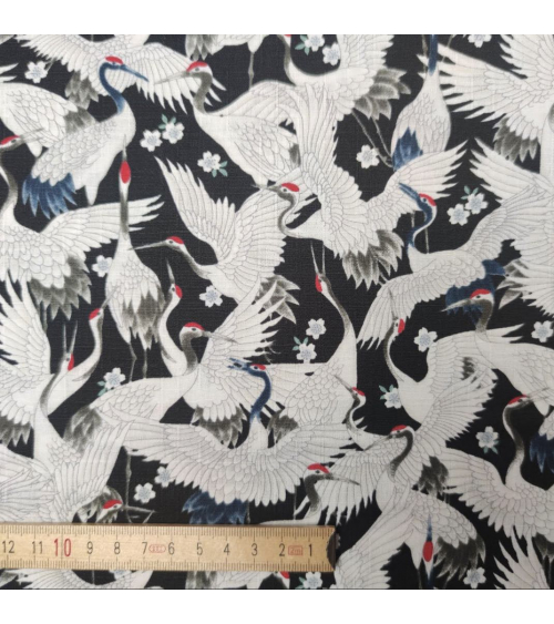 Japanese dobby "Tsuru (cranes) to sakura" in black.