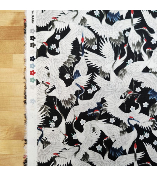 Tela dobby japonés "Tsuru to sakura" en negro.