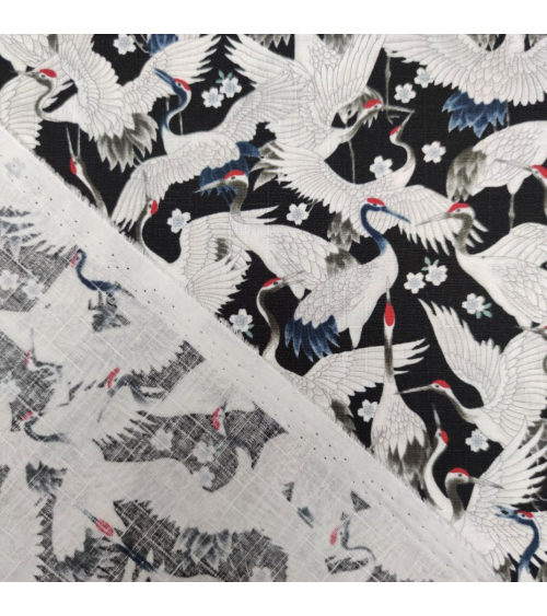 Tela dobby japonés "Tsuru to sakura" en negro.
