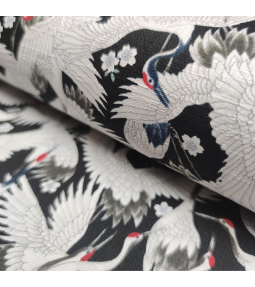 Tela dobby japonés "Tsuru to sakura" en negro.
