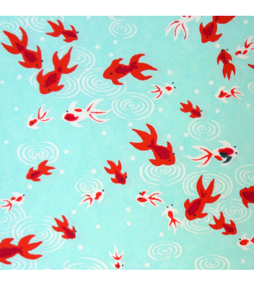 Papel japonés chiyogami carpas rojas sobre fondo verde azulado