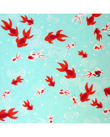 Papel japonés chiyogami carpas rojas sobre fondo verde azulado