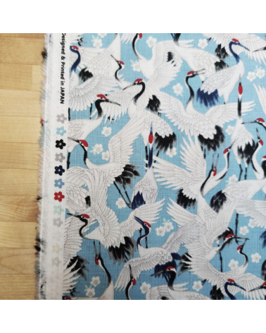 Tela dobby japonés "Tsuru to sakura" en azul claro.