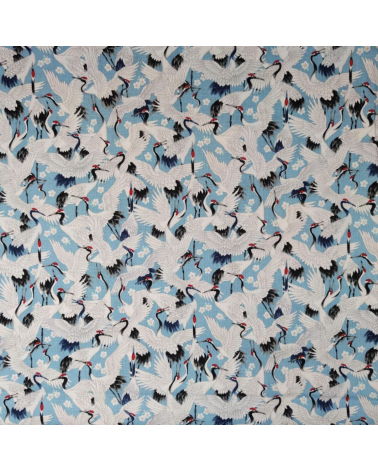 Tela dobby japonés "Tsuru to sakura" en azul claro.