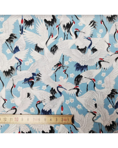 Tela dobby japonés "Tsuru to sakura" en azul claro.