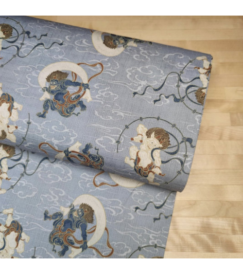 Tela de dobby japonés "Fujin y Raijin" en gris.