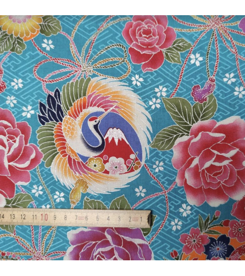 Japanese fabric Grullas and Fujisan in turquoise.