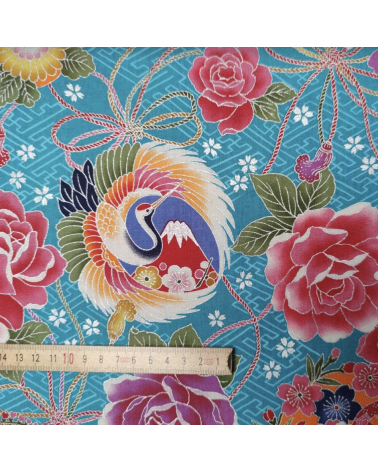 Japanese fabric Grullas and Fujisan in turquoise.