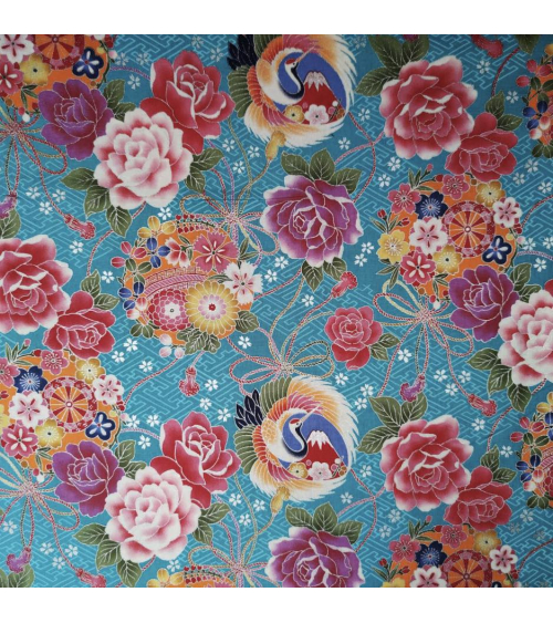 Japanese fabric Grullas and Fujisan in turquoise.