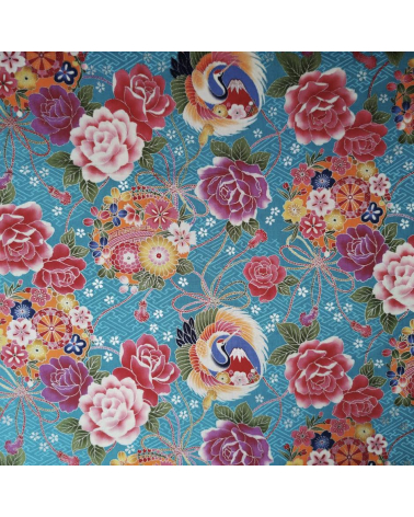 Japanese fabric Grullas and Fujisan in turquoise.