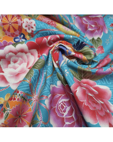 Japanese fabric Grullas and Fujisan in turquoise.